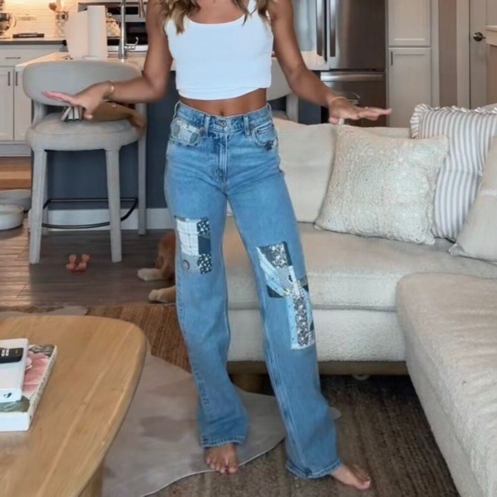 Abercrombie & Fitch 90s Relaxed High Rise Jeans patchwork size 27 NWT